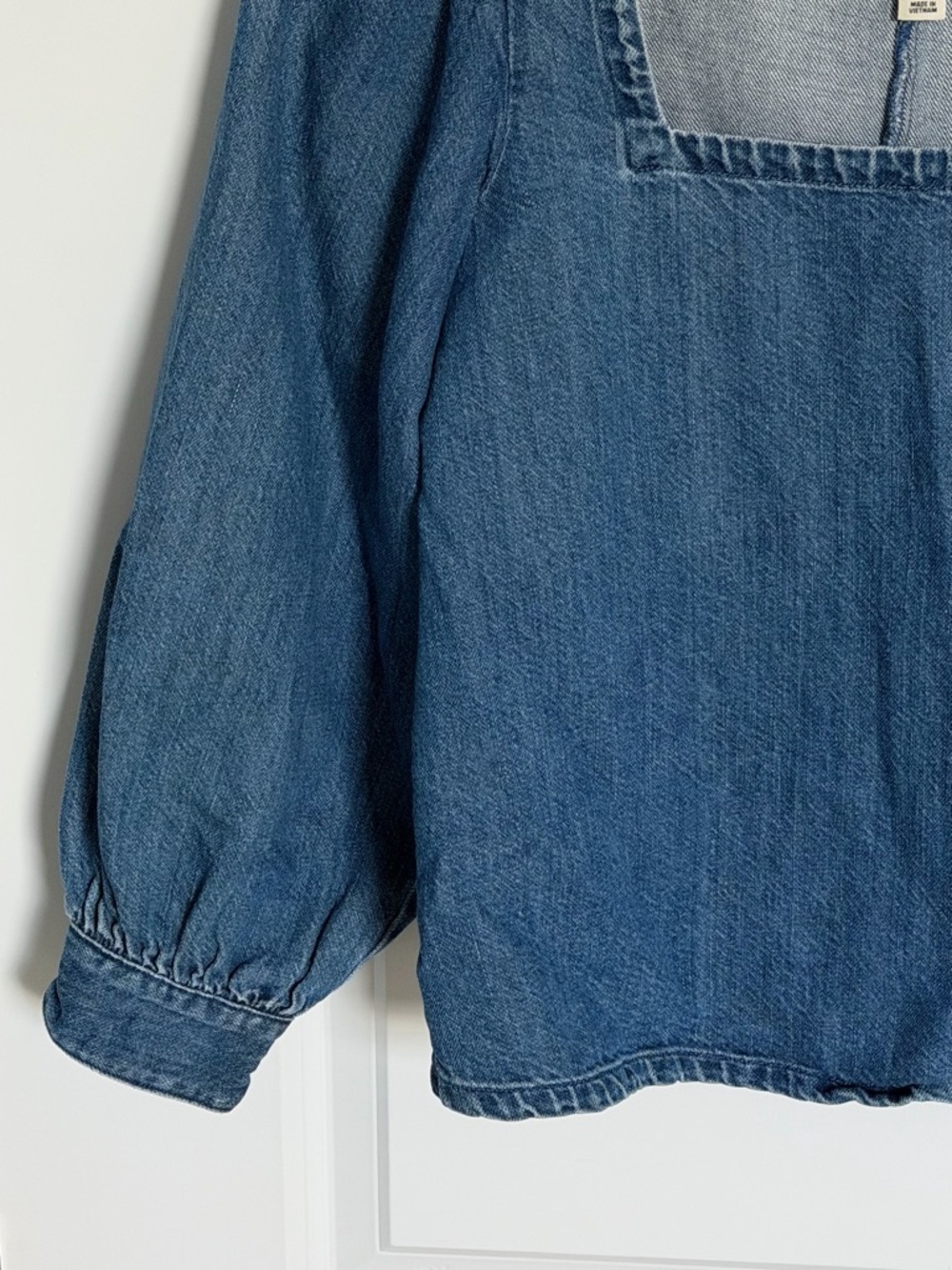 J. Crew Denim Square-Neck Puff Sleeve Blouse Blue linen cotton 54648 - Picture 4 of 14